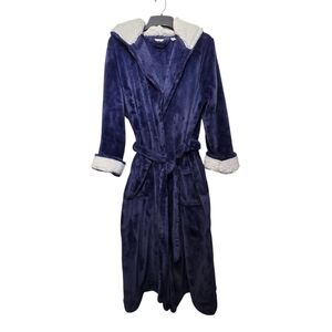 L.L. Bean Wicked Plush Hooded Robe In Navy Blue With Cream White Accents XL